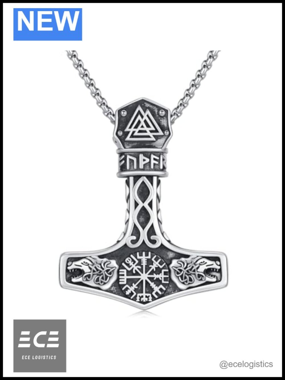 Thor Hammer Necklace 925 Sterling Silver Viking Mjolnir Oxidized Norse Runes